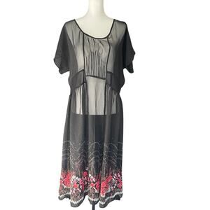 Free People Sheer Polka Dot Floral Midi Dress Black Pink Boho Layering Size Lrg